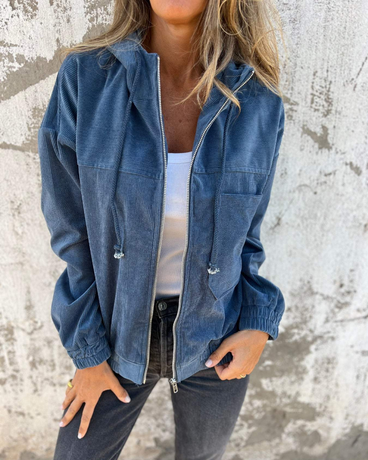 Danna - Corduroy Hooded Jacket with Zip Closure