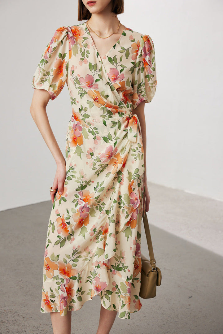 Silk Floral Midi Wrap Dress