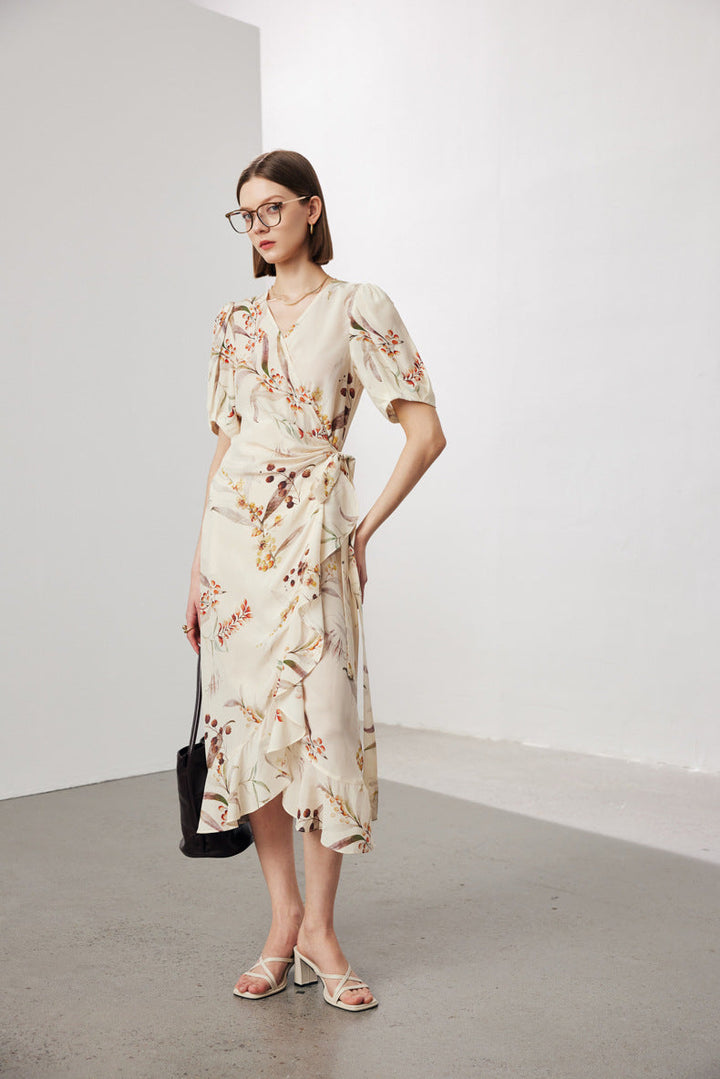 Silk Floral Midi Wrap Dress