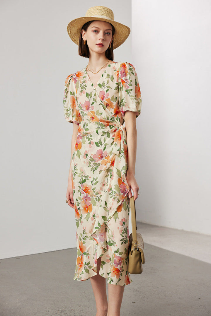 Silk Floral Midi Wrap Dress
