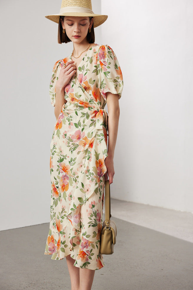 Silk Floral Midi Wrap Dress