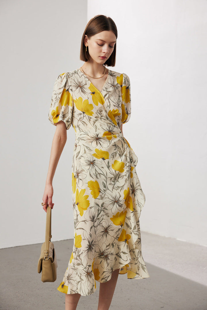 Silk Floral Midi Wrap Dress