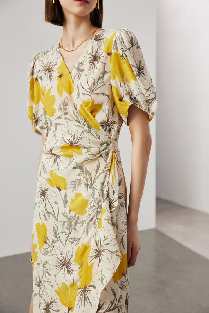Silk Floral Midi Wrap Dress