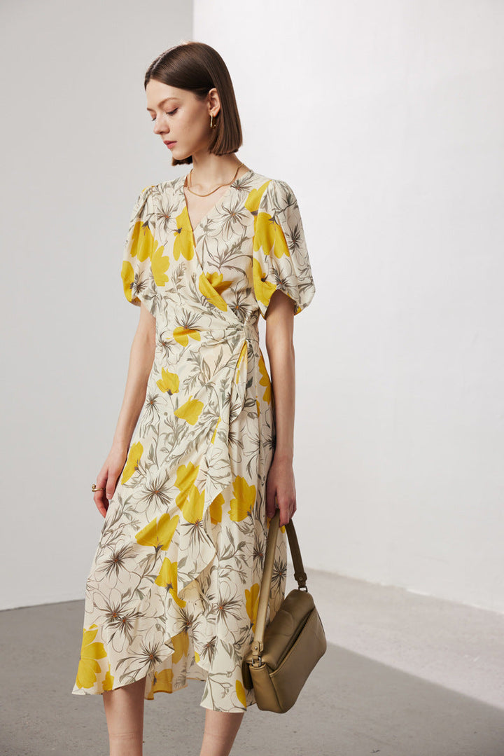 Silk Floral Midi Wrap Dress