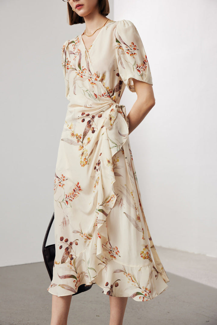 Silk Floral Midi Wrap Dress