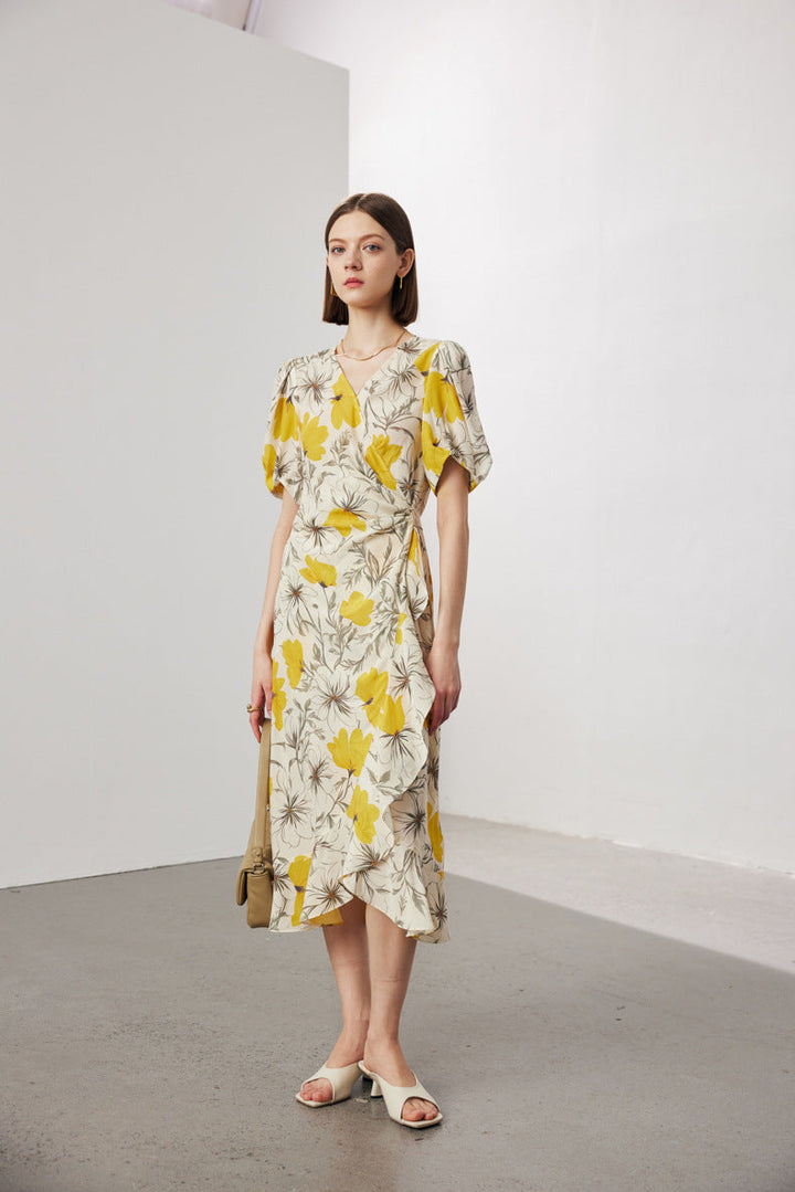Silk Floral Midi Wrap Dress