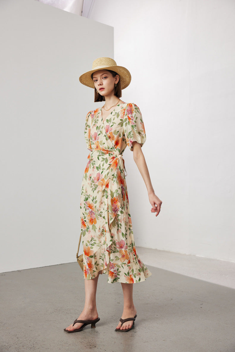 Silk Floral Midi Wrap Dress