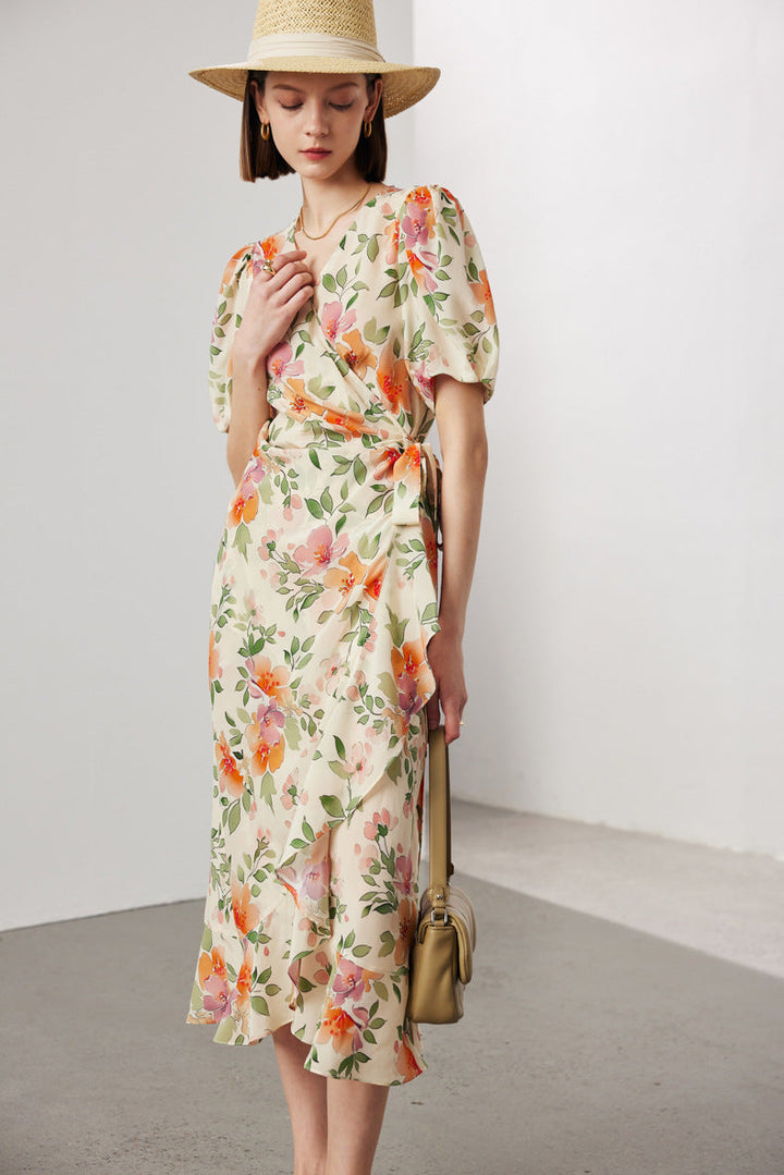 Silk Floral Midi Wrap Dress