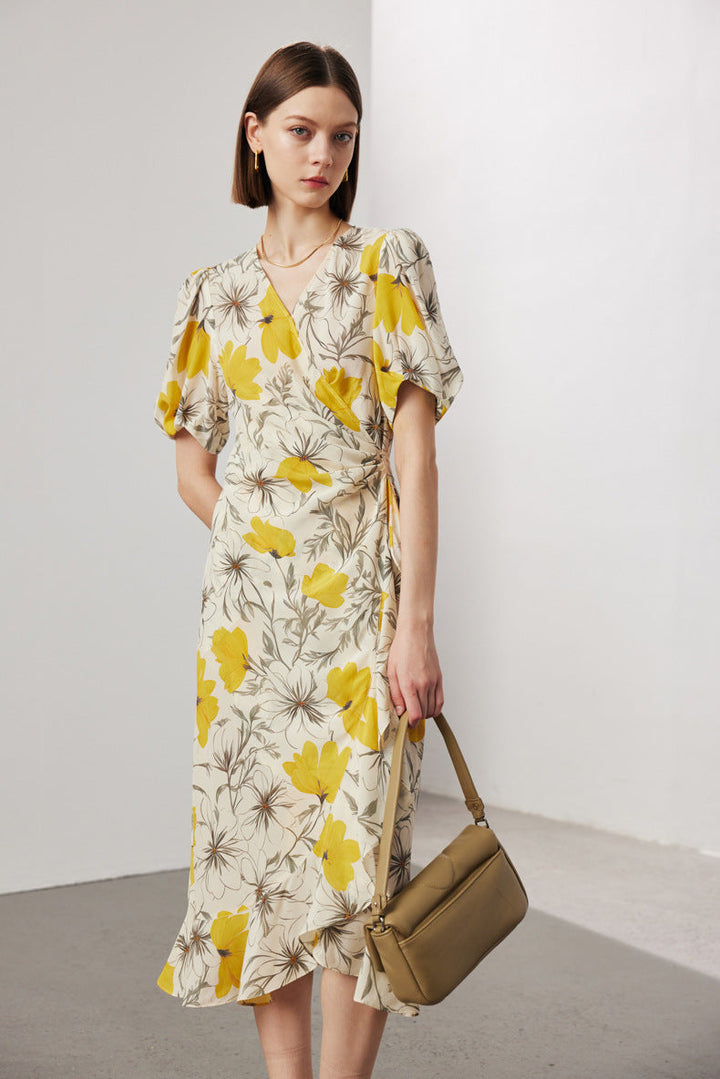 Silk Floral Midi Wrap Dress