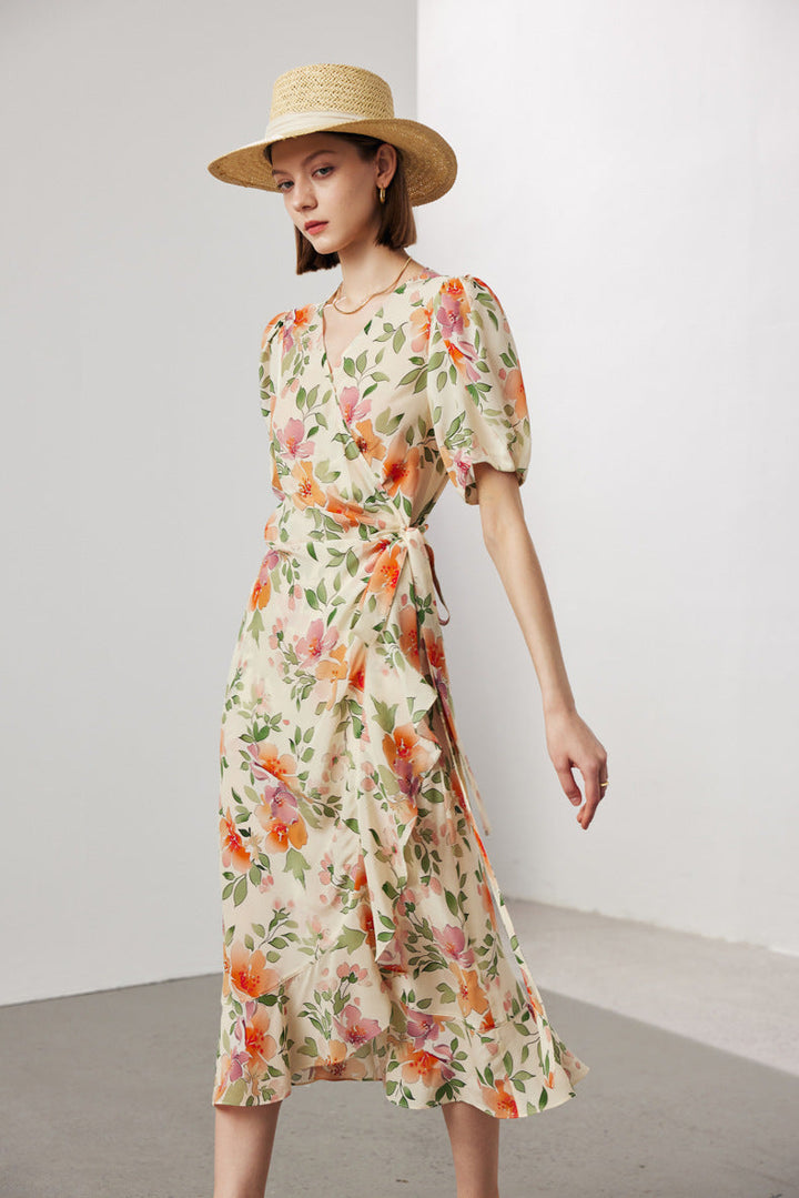 Silk Floral Midi Wrap Dress
