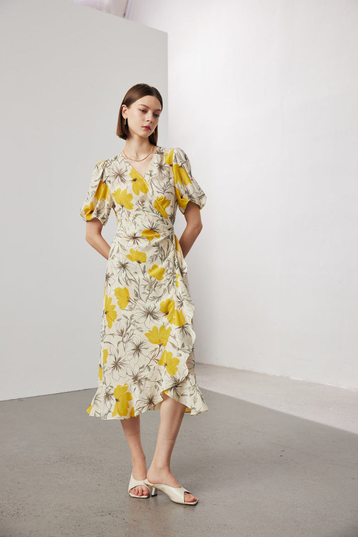 Silk Floral Midi Wrap Dress