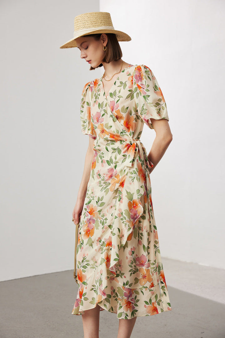 Silk Floral Midi Wrap Dress